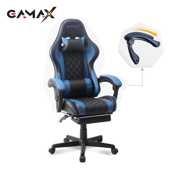 Gamax Gaming Chair with Linkage Function Armrest & Retactable Footrest (Blue) - Image 3