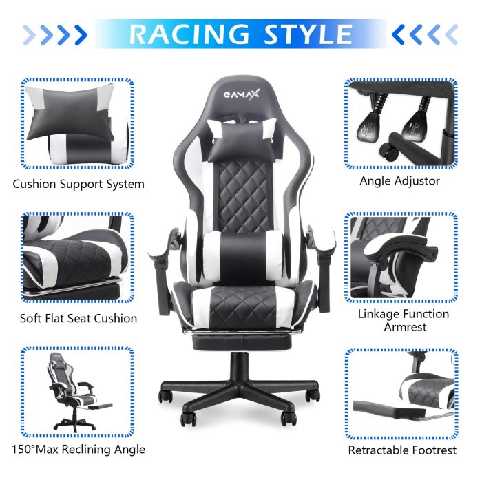 Gamax Gaming Chair Adjustable Armrest 360 Degree Swivel Seat With Premium Fabric & Foot Rest - White - Image 2