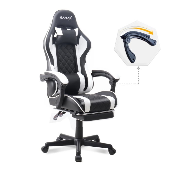 Gamax Gaming Chair Adjustable Armrest 360 Degree Swivel Seat With Premium Fabric & Foot Rest - White - Image 3
