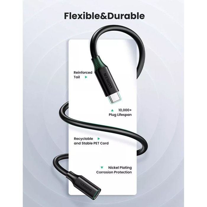 UGreen USB-C C/M to USB-C /F Gen2 5A Extension Cable 1m - Black - Image 2