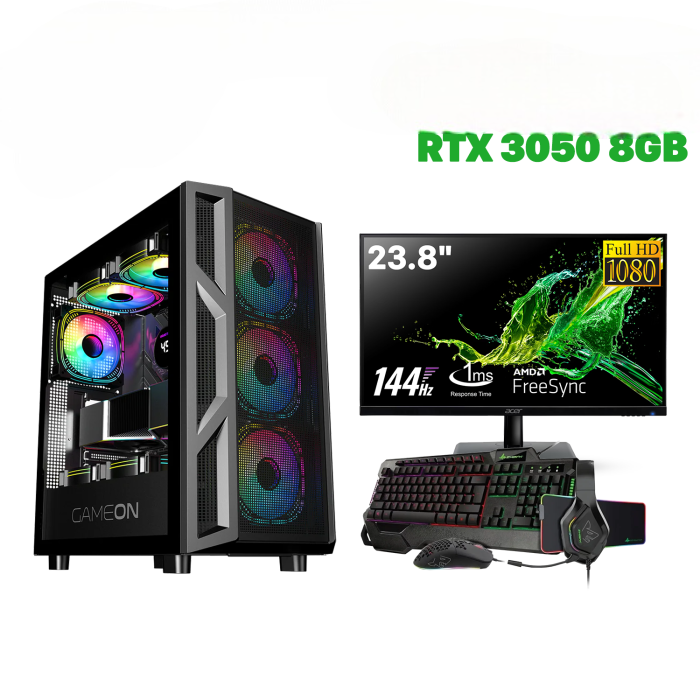 Gaming PC – Intel Core i5-12400F, H610 DDR4 Motherboard, 16GB RAM, 1TB NVMe SSD, RTX 3050 8GB GPU, 650W PSU, GameOn Trident IV-M PowerForge Case 4x ARGB Fans, WiFi Adapter, Windows 11 Pro + SharX Jaws 4-in-1 Bundle + Acer 23.8" 144Hz Monitor