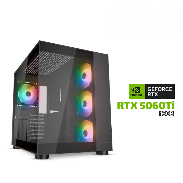 Gaming PC AMD Ryzen 7 7800X3D CPU, B650 MotherBoard, 32GB DDR5 RAM, 1TB NVMe SSD, GeForce RTX 5060 Ti 16GB VGA, 750 WATT GOLD PSU, L240 Liquid Cooler, Cougar FV150 RGB Mid Tower Case With 4x RGB Fans, Windows 11 Pro License