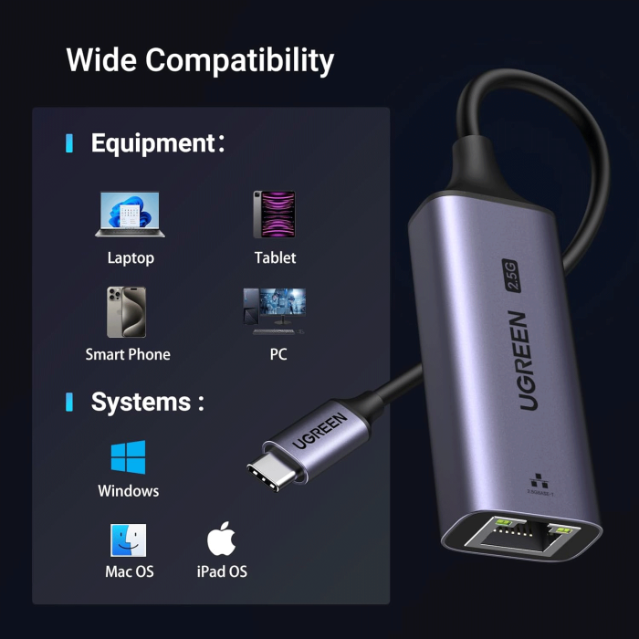 UGREEN USB C to Ethernet Adapter 2.5G, Ethernet Adapter for Laptop, Aluminum, Type C (Thunderbolt 4/3 Compatible) to RJ45 Network Internet, Compatible for NAS, MacBook Air/Pro, XPS, iPhone 16 Pro/Max, iPhone 15 Pro/Max - Image 3