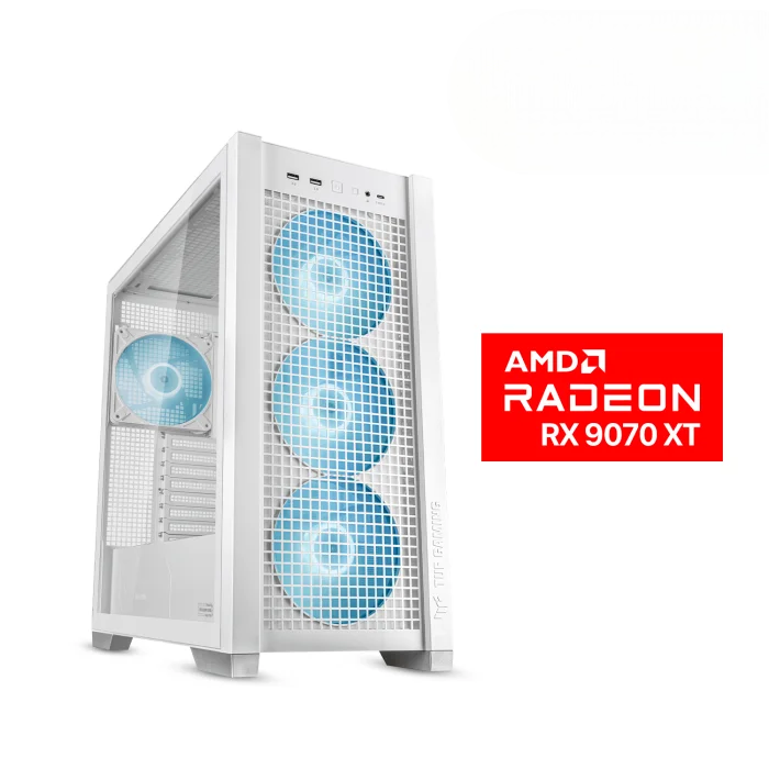 Gaming PC Ryzen 7 9800X3D, Asus X870-P WiFi MB, 32GB DDR5 (6000) RAM, 2TB NVMe SSD (6000), XFX Quick Silver AMD Radeon RX 9070 XT 16GB White VGA, 850 WATT GOLD PSU, Cougar L360 Liquid Cooler White, Asus TUF Gaming GT302 ARGB White Case, Win 11 Pro License
