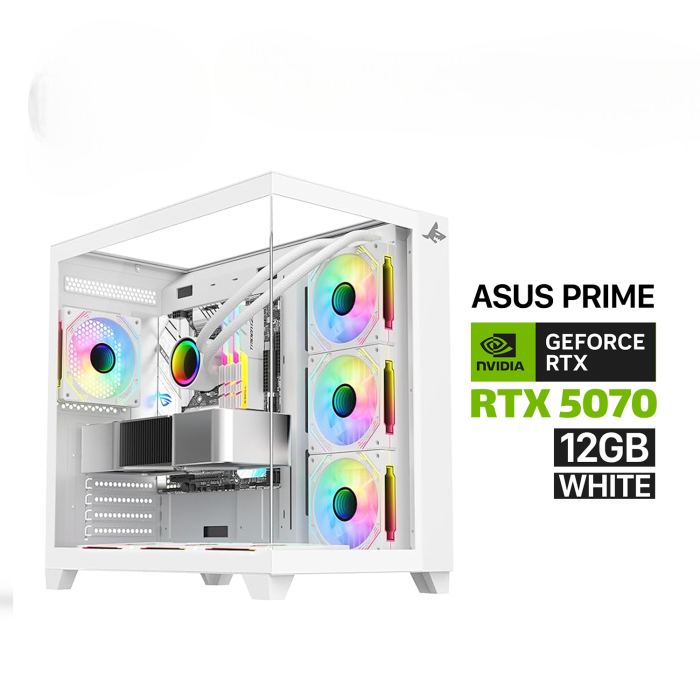 Gaming PC – AMD Ryzen 7 9700X, ASUS ROG STRIX B850-A WiFi 7, 32GB DDR5 6000MHz RAM, 2TB NVMe Gen4 SSD, ASUS PRIME RTX 5070 12GB White GPU, 850W Gold PSU, L360 Liquid Cooler White, Sharx Profin XI700W Case with 7 RGB Fans, Windows 11 Pro Licensed