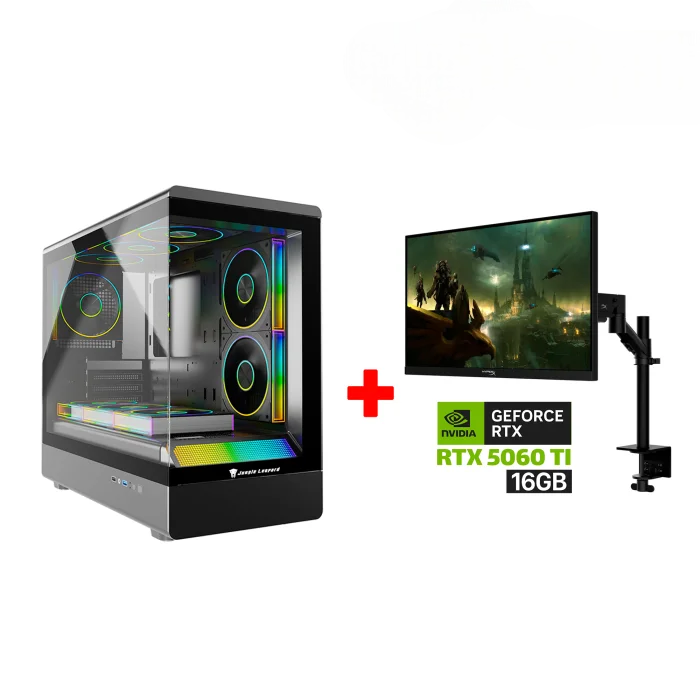 Gaming PC i5-14400F Processor, H610 D5 WIFI Motherboard, 16GB DDR5 RAM, 1TB NVMe SSD, RTX 5060 TI 16GB VGA, 750 WATT PSU, Jungle Leopard MS-01 Micro ATX Tower Case, Windows 11 Pro (License) + HyperX Armada 25" FHD 240Hz Gaming Monitor