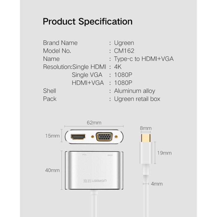 UGreen USB-C to HDMI + VGA + USB3.0 Converter With PD Charging - Image 2