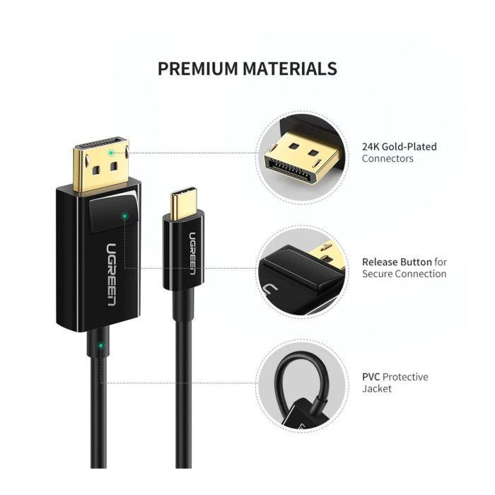 UGreen MM139 USB Type C to Displayport Cable 1.5m - Black - Image 2
