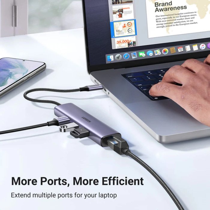 UGREEN USB-C To 3-Port USB 3.0 Hub With Gigabit Ethernet Adaptor - Image 2
