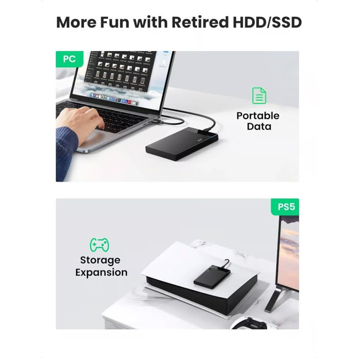 UGreen USB 3.1 2.5" Hard Drive Enclosure 6G With USB-A To USB-C Cable + USB-C To USB-C Cable - Image 3