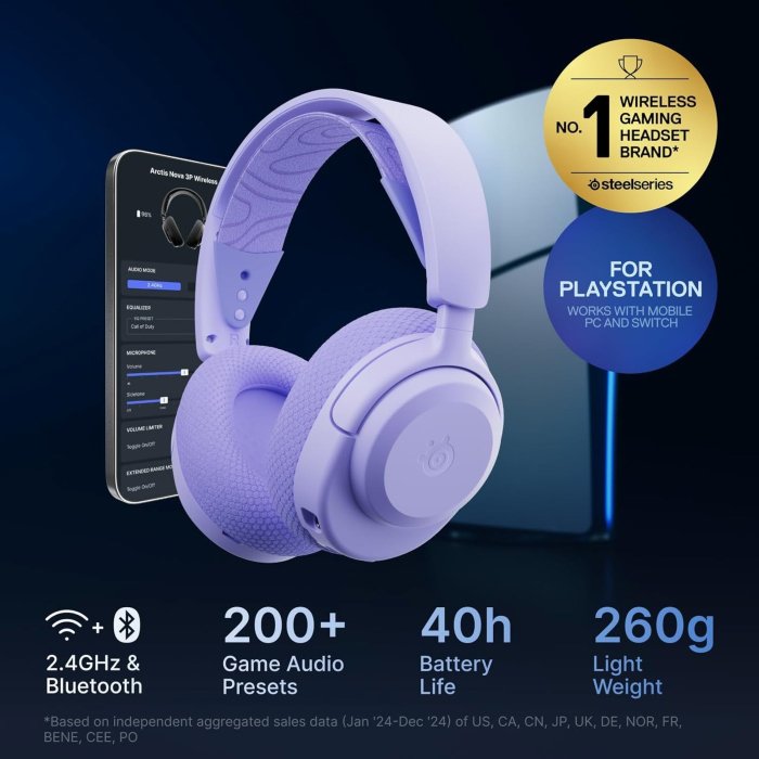 SteelSeries Arctis Nova 3x Wireless/Bluetooth Gaming Headset Upto 40Hr Battery Life For PC, Playstation, Xbox & Switch - Lavender - Image 3