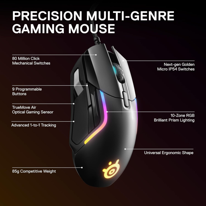 SteelSeries Rival 5 Precision Multi-Genre Prism RGB Wired Gaming Mouse, Ergonomic 9 Programmable Buttons 18,000 CPI, Perfect For all Battle Royale, FPS, MOBA,MMO & Fast-Paced Games, True Move Air Optical Gaming Sensor - Black - Image 3