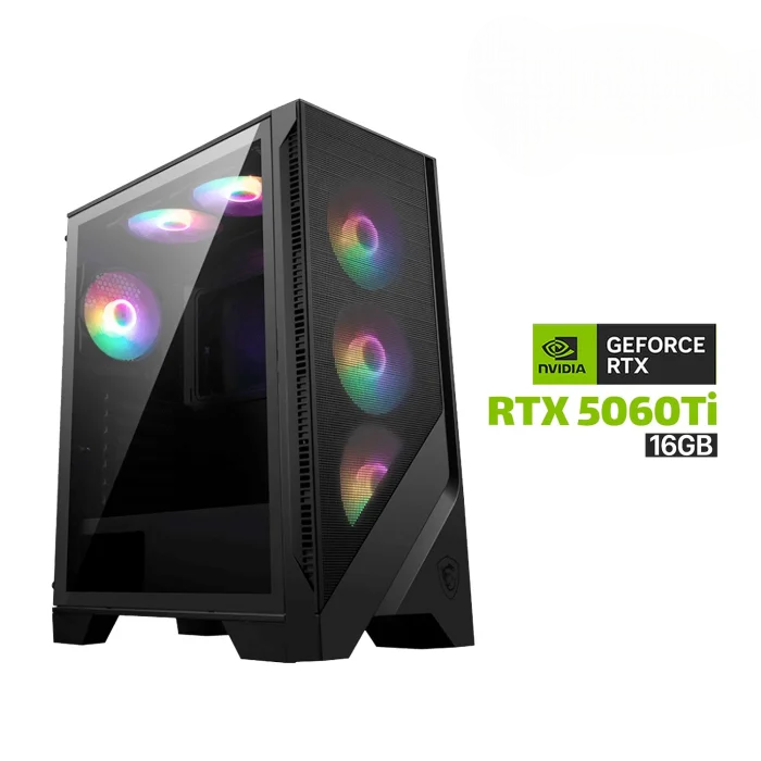 Gaming PC i7-14700F, B760M-A WiFi DDR5 Motherboard, 32GB DDR5 RAM, 1TB NVMe SSD, RTX 5060 Ti 16GB VGA, 750 WATT GOLD PSU, AZZA L240 Liquid Cooler, MSI MAG Forge 120A AirFlow Mid Tower Case With 6x RGB Fans Black, Windows 11 Pro License