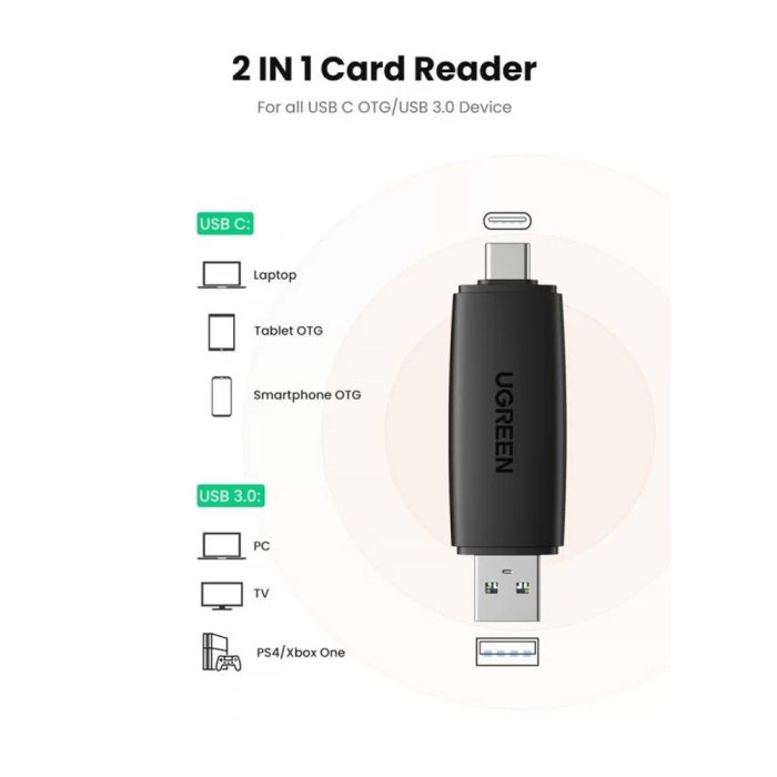 UGreen Multifunction Card Reader USB 3.0 USB C Memory Card - Black - Image 2