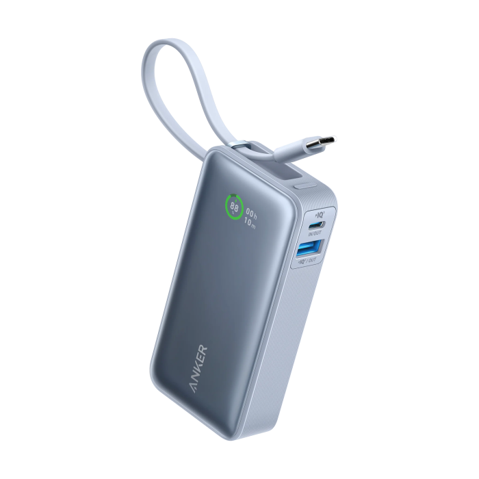 Anker Nano LightWeight With Built-In USB-C Cable Power Bank 10,000 mAh 30W Fast Charging And Recharging With intelligent Display - Blue