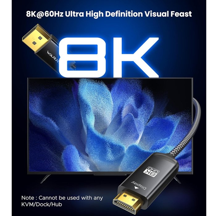 Warrky DH21 8K 60HZ DisplayPort to HDMI Cable 1.8m - Dark Gray - Image 3