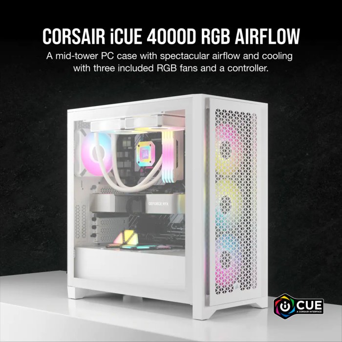 Corsair 4000D Airflow Mid Tower Steel Plastic Side Tempered Glass Panel Case with 3 RGB Fan - White - Image 3