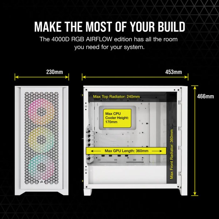 Corsair 4000D Airflow Mid Tower Steel Plastic Side Tempered Glass Panel Case with 3 RGB Fan - White - Image 2
