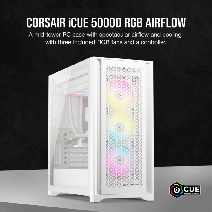 Corsair iCUE 5000D Airflow Mid Tower Steel Plastic Side Tempered Glass Panel Case with 3 RGB Fan - White - Image 3