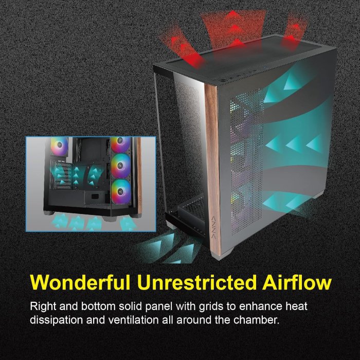 Azza Neptune Mid Tower Two Panel Front & Left Side Tempered Glass Case with 4 RGB Fans - Black - Image 2