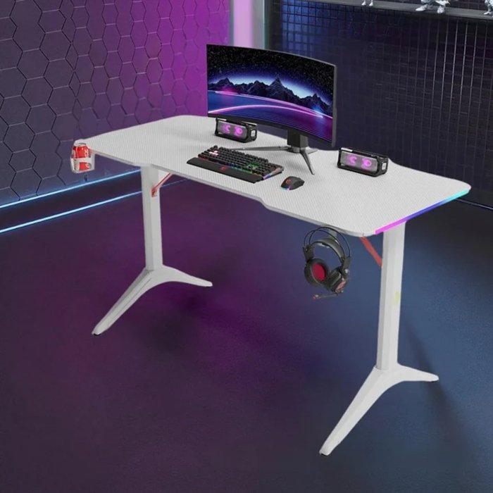 Royal RGB Lighting Gaming Desk with Carbon Fiber Surface - White - Image 3