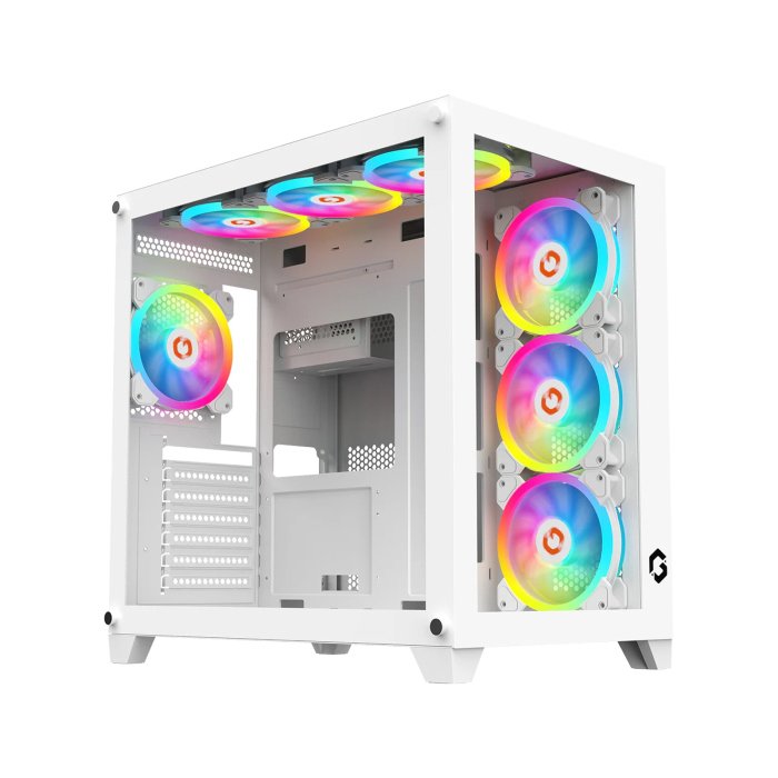 GameOn Emperor Arctic Series Mid Tower Two Panel Front & Left Side Tempered Glass Case with 7 ARGB Fans - White