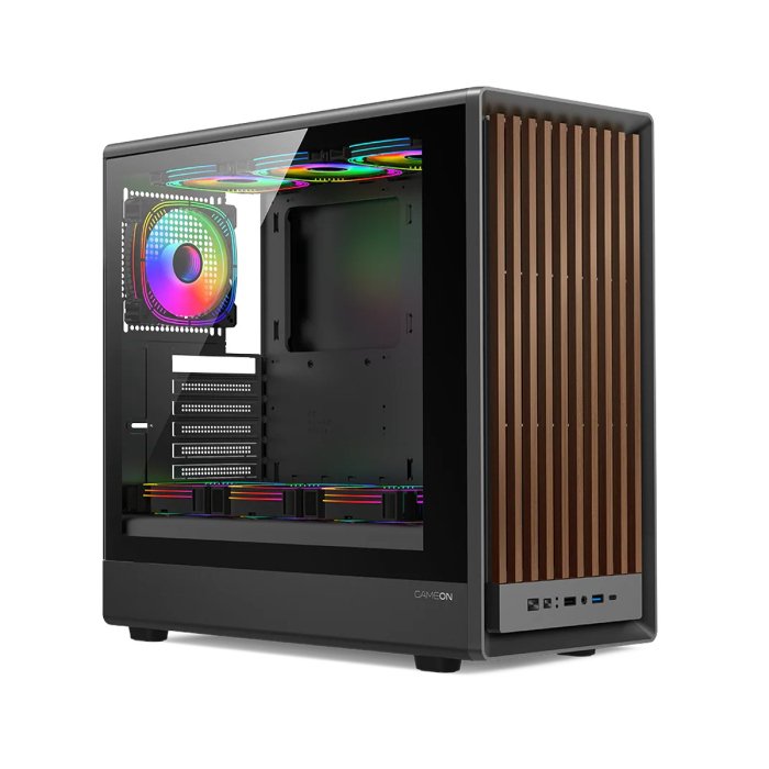 GameOn Timberi Midnight Series ARGB + PWM Mid Tower Gaming Case With (7 Fans Included) - Wood/Black - Image 3