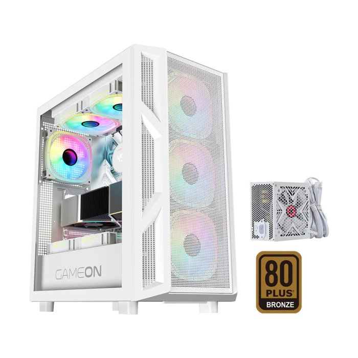 GameOn Trident IV-A PowerForge Series Mid Tower Gaming Case with 750W Power Supply Pre-Installed (4 ARGB Fans Included) - White