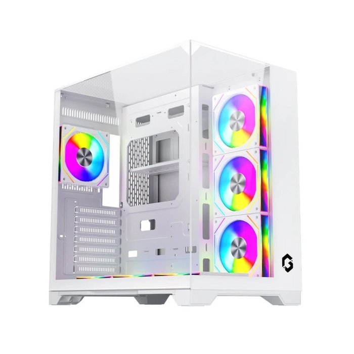 GameOn Valkyrie I Series Mid Tower Three Panel Front,Top & Left Side Tempered Glass Case With 7 RGB Fans - White