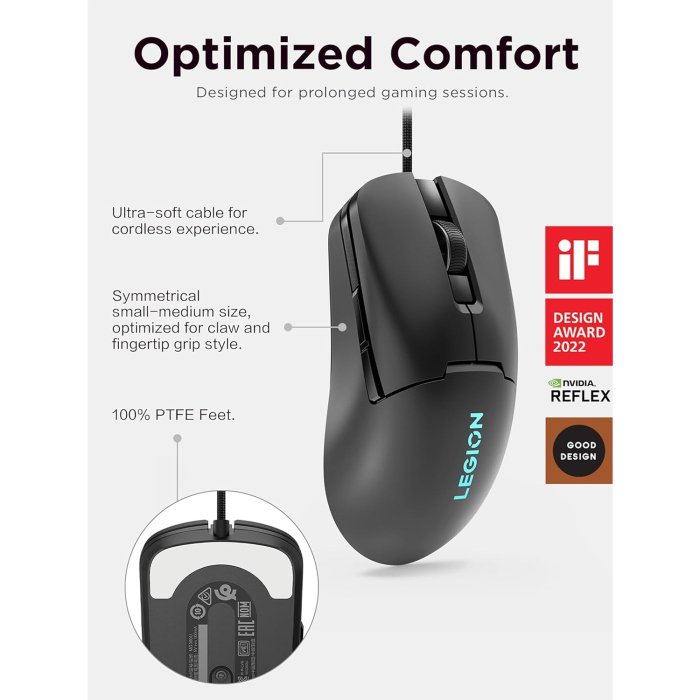 Lenovo M300s RGB Gaming Mouse Ultra Lightweight, Symmetrical Design, 6 Programmable Buttons, 16.8m RGB Logo, Upto 8000 DPI - Black - Image 3
