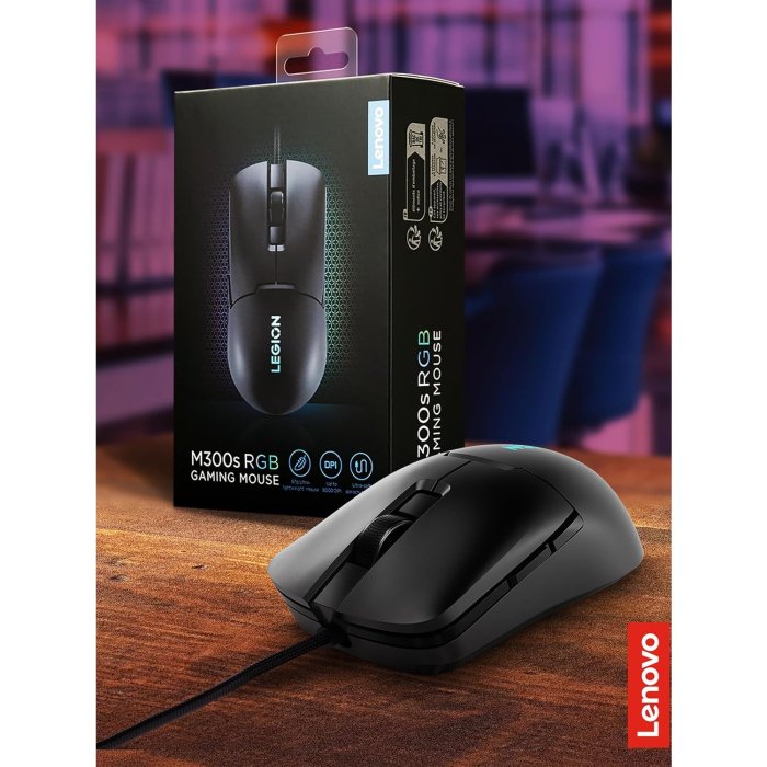 Lenovo M300s RGB Gaming Mouse Ultra Lightweight, Symmetrical Design, 6 Programmable Buttons, 16.8m RGB Logo, Upto 8000 DPI - Black - Image 2