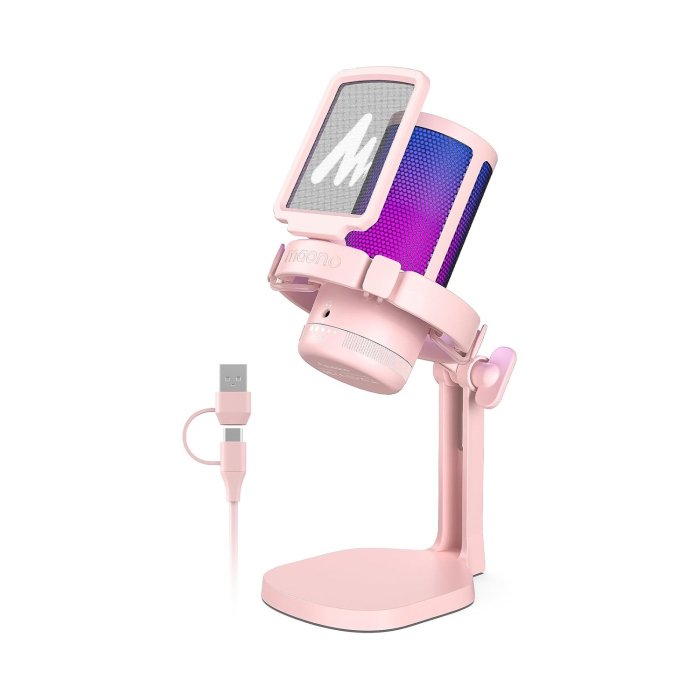 Maono DGM20 Gaming USB Microphone With Noice-Cancelling Pop Filter,RGB Switch,Shock Mount, Adustable Gain,Desktop Stand - Pink