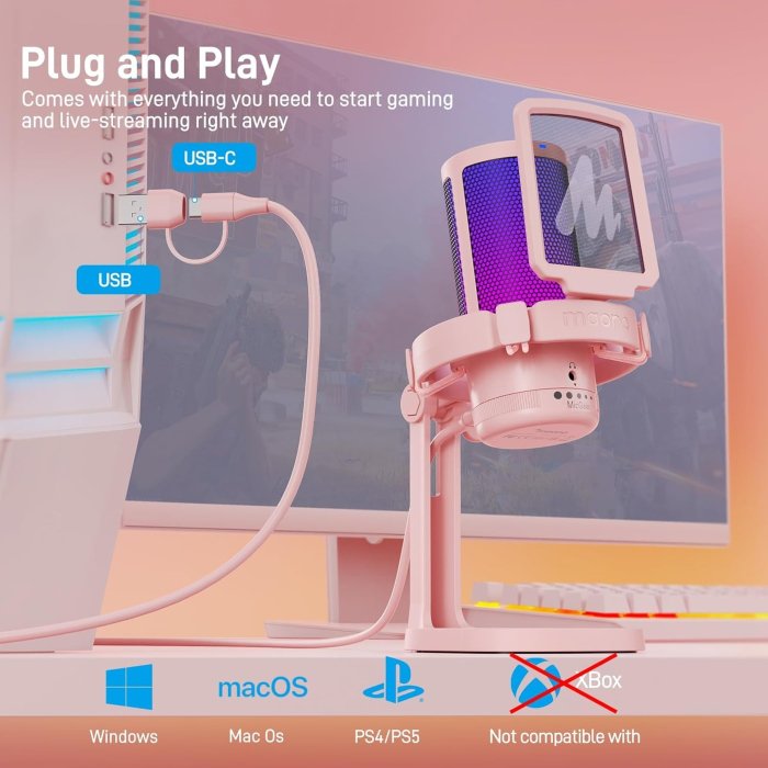 Maono DGM20 Gaming USB Microphone With Noice-Cancelling Pop Filter,RGB Switch,Shock Mount, Adustable Gain,Desktop Stand - Pink - Image 2