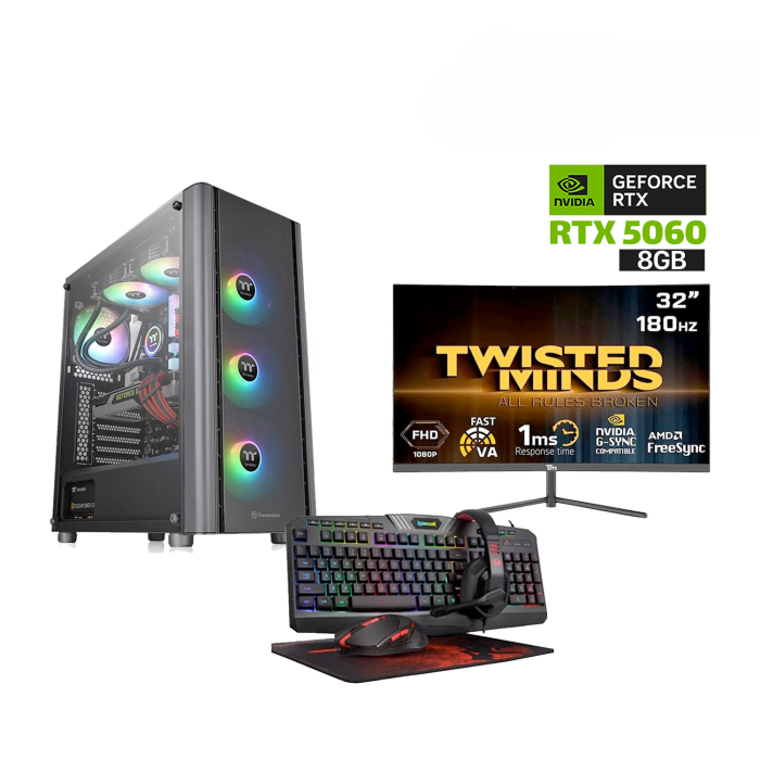 Gaming PC Ultra 5 225F CPU,ASUS H810 WIFI Motherboard,16GB RAM D5,1TB SSD NVME,RTX 5060 8GB VGA,750 WATT PSU,Thermaltake V250 TG Case 3-ARGB Fans,Win 11 Pro (License)+Twisted Minds 32" FHD 180Hz Curved Gaming Monitor+Redragon 4-in-1 RGB Wired Gaming Set