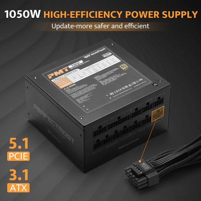 DarkFlash PMT1050 80 Plus Gold Fully Modular 1050W ATX 3.1 & PCIe 5.1 Power Supply - Black - Image 3