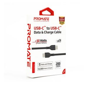 Promate Power Beam-CC2 Blue 60W Power Delivery Enabled USB-C to USB-C Data Sync & Charge Cable - Black