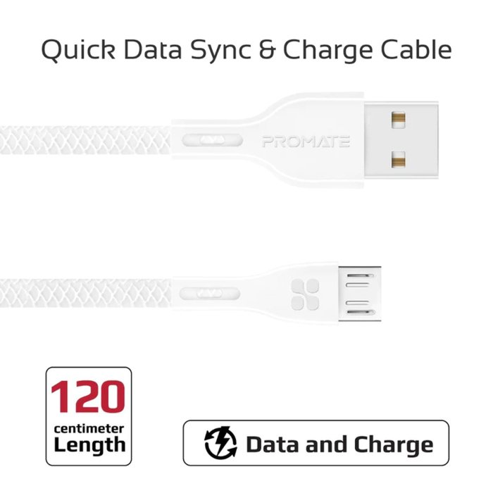 Promate Power Beam-M High Tensile Strenght Data & Charge USB-A to Micro-USB Cable - White - Image 3