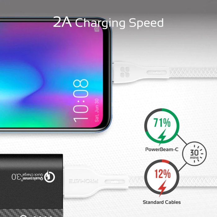 Promate Power Beam-M High Tensile Strenght Data & Charge USB-A to Micro-USB Cable - White - Image 2