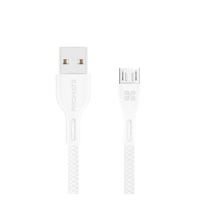 Promate Power Beam-M High Tensile Strenght Data & Charge USB-A to Micro-USB Cable - White