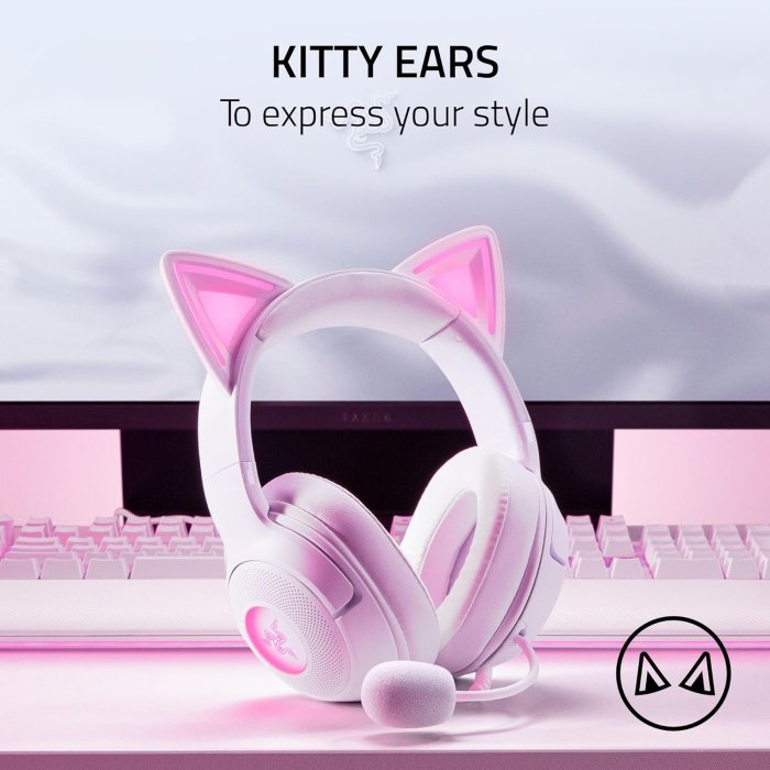 Razer Kraken Kitty V2 USB Wired RGB Gaming Headset: Chroma Kitty Ears, Stream Reactive Lighting, HyperClear Cardioid Mic, 7.1 Surround Sound For PC, PS4, PS5 - White - Image 2