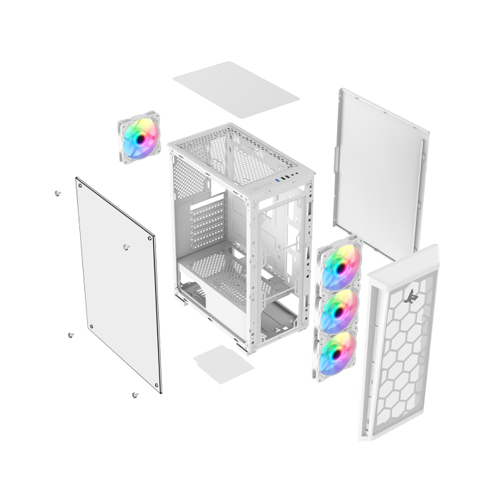 Sharx Razorfin R-200 ATX Mid Tower Left Side Tempered Glass Panel Case With 4 RGB Fans - White - Image 2