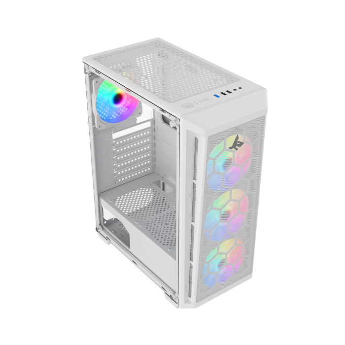 Sharx Razorfin R-200 ATX Mid Tower Left Side Tempered Glass Panel Case With 4 RGB Fans - White - Image 3