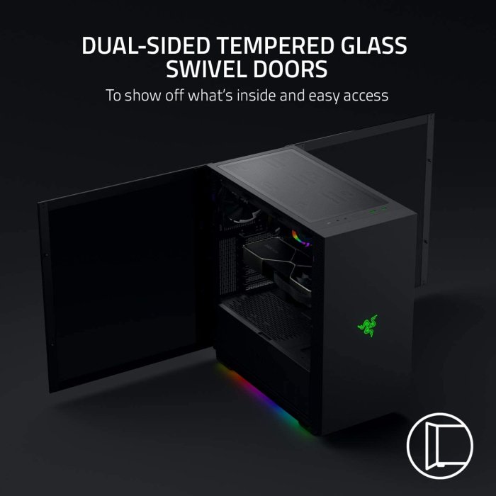 Razer Tomahawk ATX Tempered Glass Double Side Revolving Doors Vented Top Panel RGB Chroma Underground Lighting Gaming Case - Black - Image 3