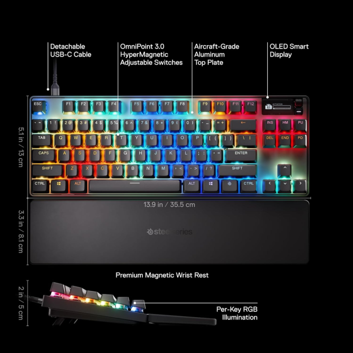 SteelSeries Apex Pro Esports TKL Gen 3 Mechanical Wired Gaming Keyboard, Omnipoint 3.0 Smarter GG QuickSet, Dynamic Per-Key RGB Illumination, OLED Smart Display, Magnetic Wrist Rest, For PC/PS5 & Xbox - Image 2