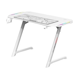 Gamax Carbon Fiber Gaming Table With RGB Light Built From High-Density Steel Headphone Hooks & Cup Holder - White