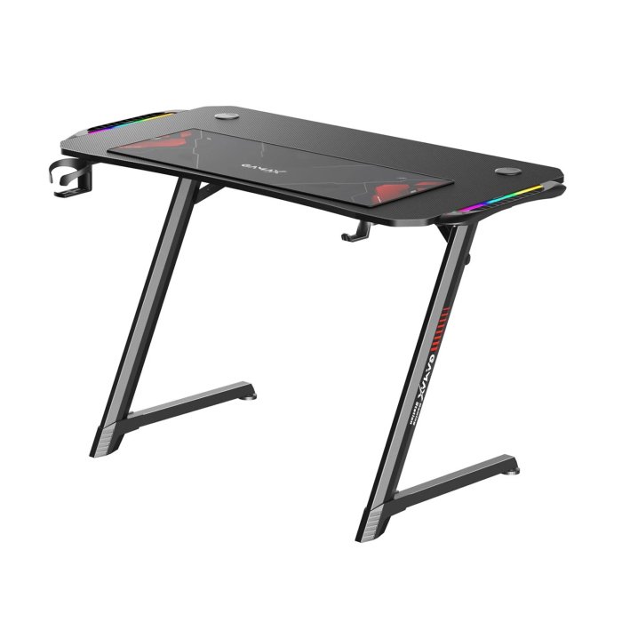 Gamax Carbon Fiber Gaming Table With RGB Light Built From High-Density Steel Headphone Hooks & Cup Holder - Black