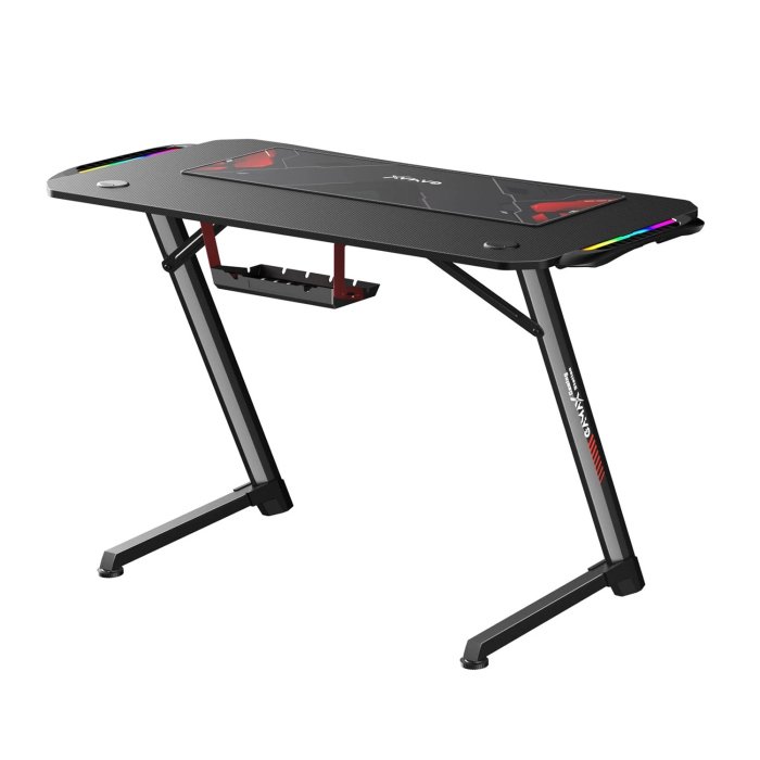 Gamax Carbon Fiber Gaming Table With RGB Light Built From High-Density Steel Headphone Hooks & Cup Holder - Black - Image 3