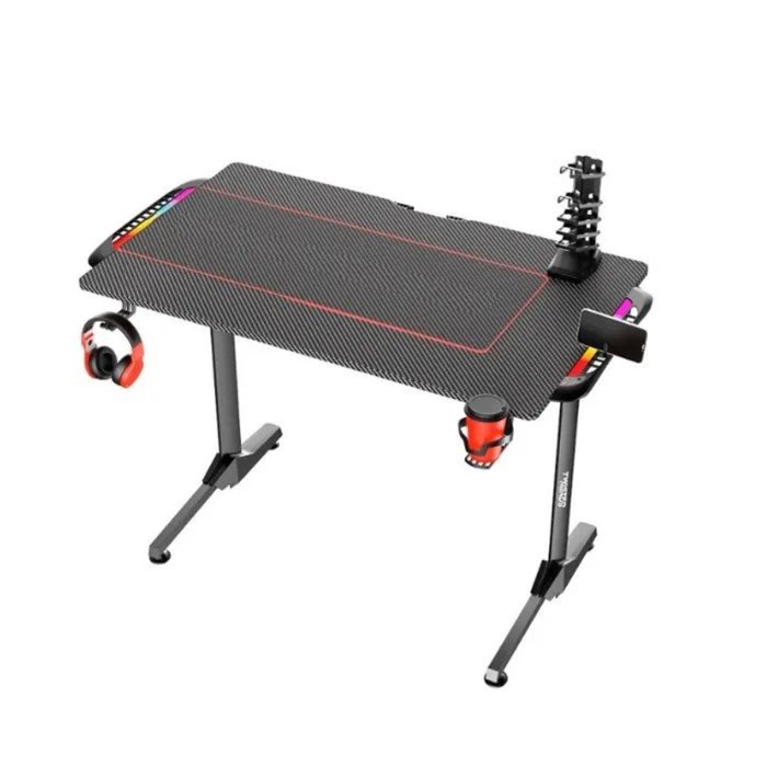 Twisted Minds T Shaped Carbon Fiber Texture Gaming Desk, RGB Light, Headphone Hooks & Cup Holder - Image 3