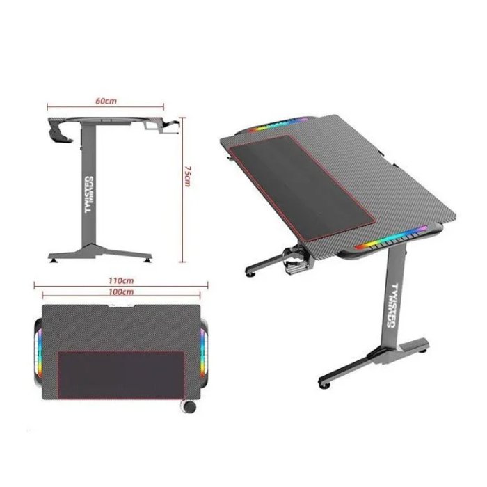 Twisted Minds T Shaped Carbon Fiber Texture Gaming Desk, RGB Light, Headphone Hooks & Cup Holder - Image 2