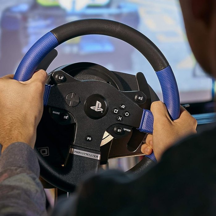 Thrustmaster T150 Force Feedback Racing Wheel With 13 Actions Buttons & D-Pad, Two Wheel-Mounted Paddle Shifters, Large-Optimized Pedal Set, Compatible with PS3, PS4, PS5 & PC - Black/Blue - Image 2